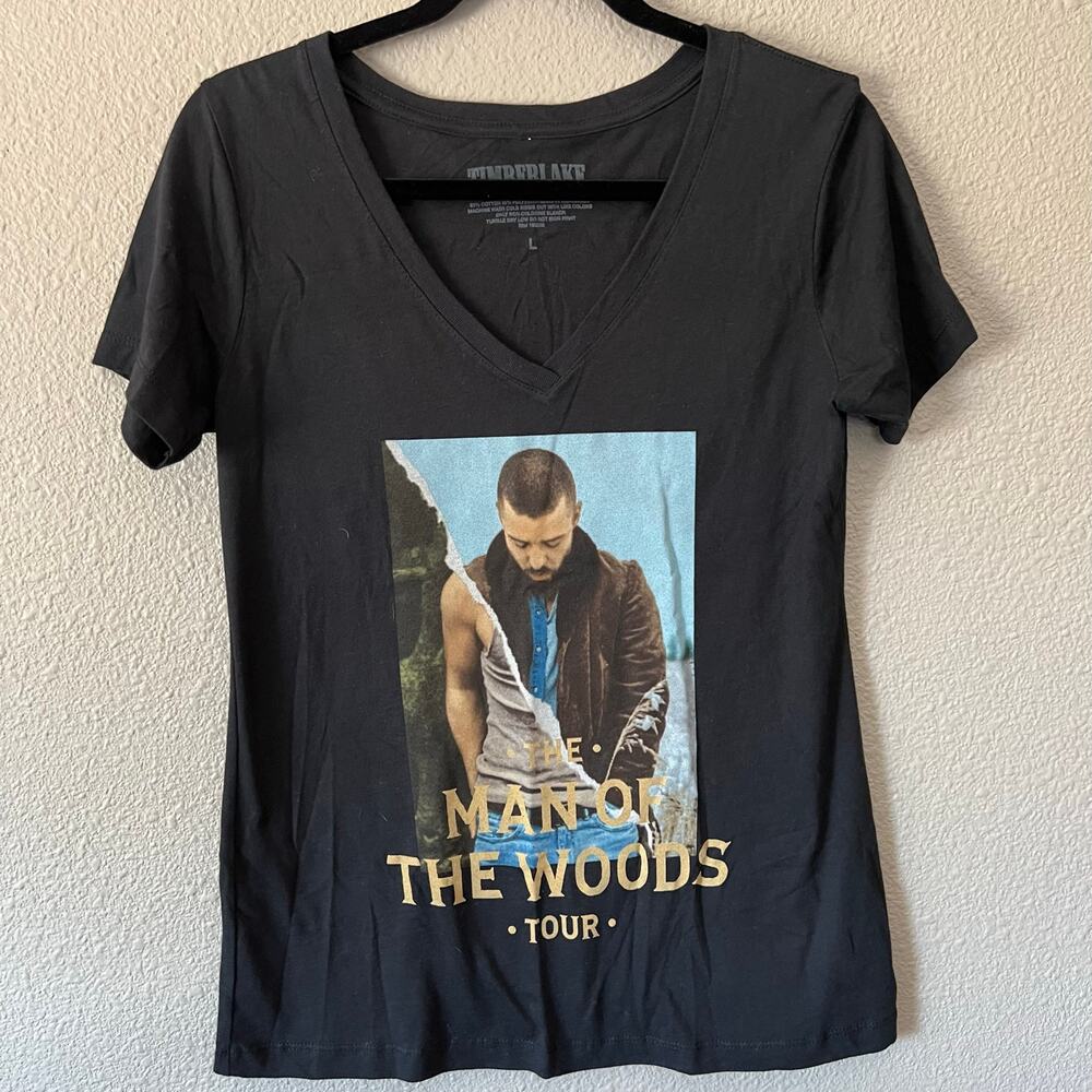 Justin Timberlake Man Of The Woods Tour Band Graphic V-Neck Womens T-Shirt Lrg